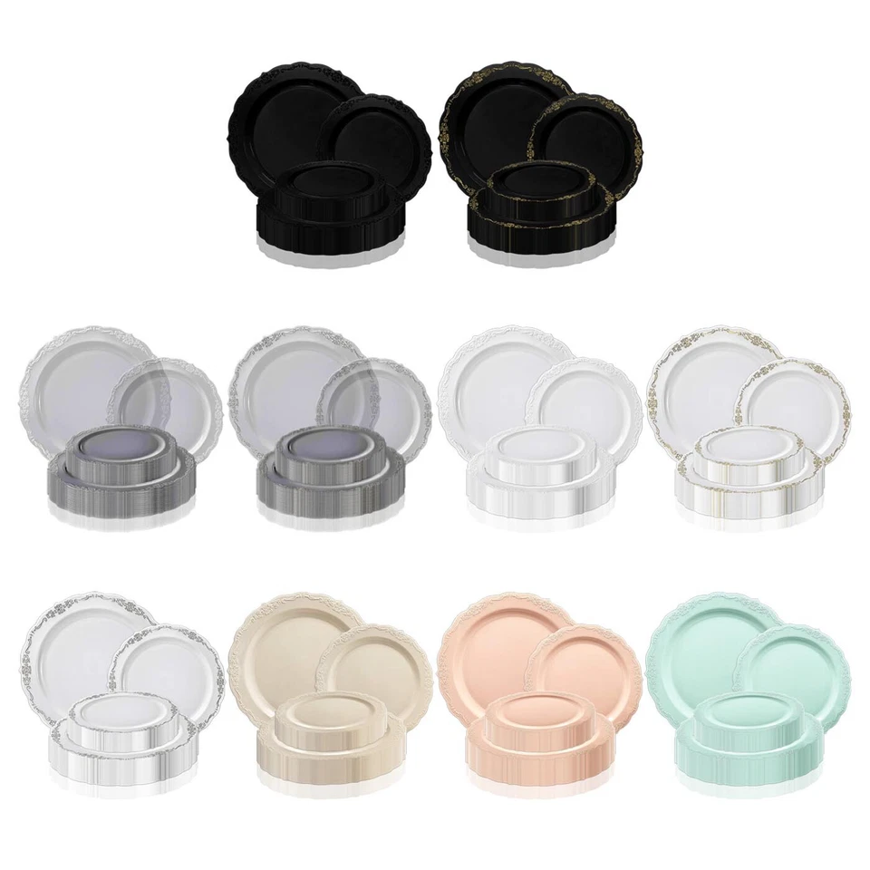 Elegantes juegos de valor de platos de plástico desechables vintage para fiesta de boda 120 piezas Foto 2 de 2