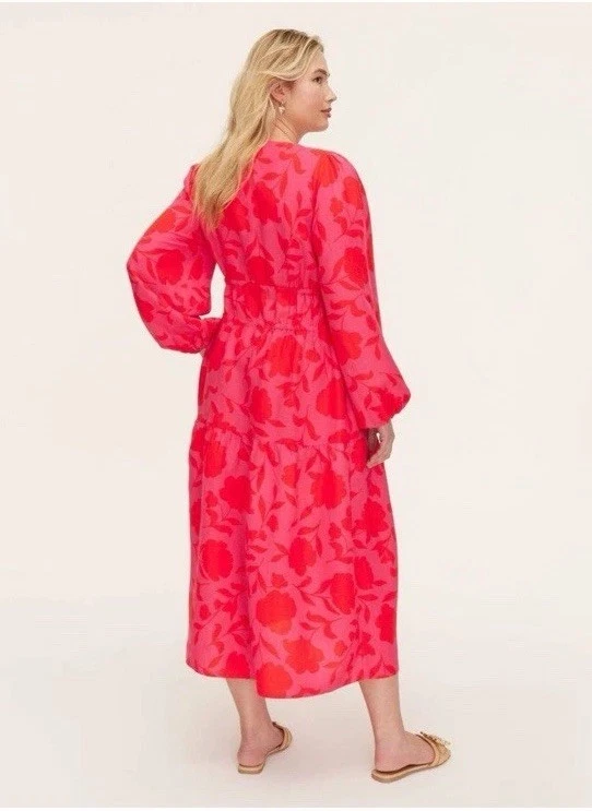 Maxi abito donna Kate Spade nuovo rosa caldo floreale misto lino manica lunga TG XL