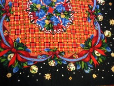 Vintage Christmas Holiday Scarf Bells Holly Plaid Field 33" X 34"