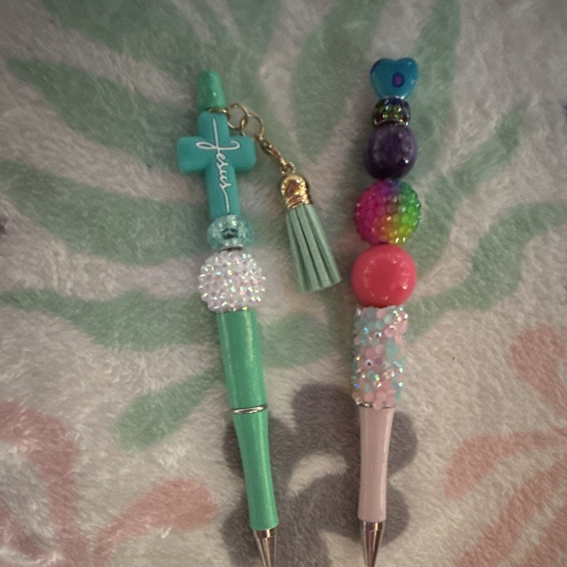 2 Beaded Ballpoint Pens Black Ink w/ Jesus Cross Charm & Tassel, Plastic