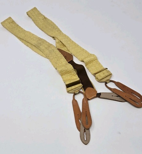 VINTAGE HICKOK BUTTER YELLOW FABRIC & LEATHER BUTTON SUSPENDERS BRACES MEN OS