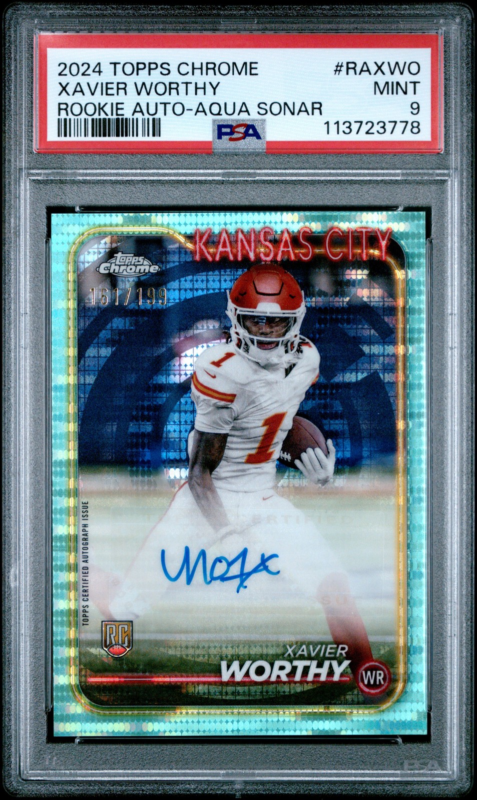2024 Topps Chrome Rookie Autograph Xavier Worthy #RAXWO Aqua Sonar 161/199 PSA 9