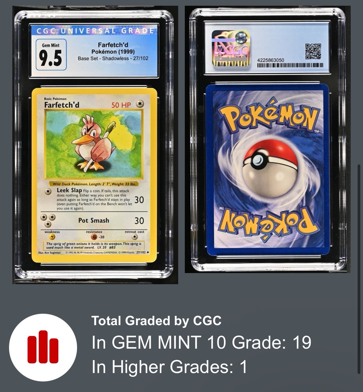 1999 Pokemon Base Set Shadowless #27 Farfetch'd CGC 10 GEM MINT