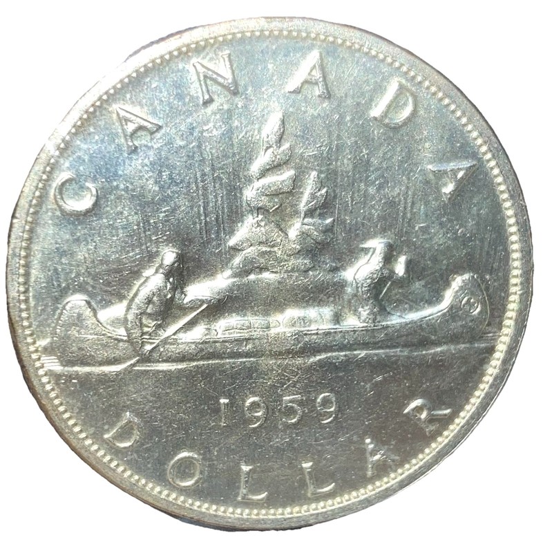 circulated Canada silver dollar $1 coin 1959 voyageur canoe traveler & QEII