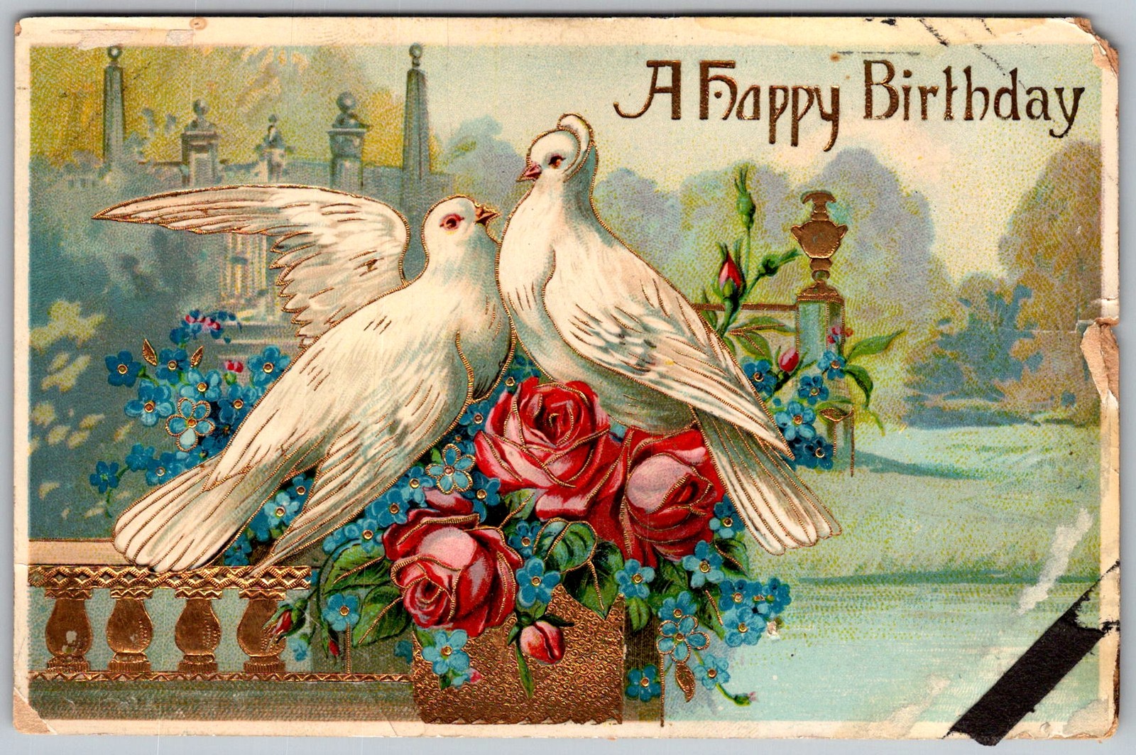 Antique Postcard Birthday Doves Roses New York, NY 1910s