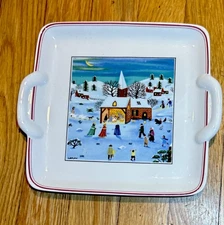 Villeroy + Boch Naif Christmas Square Cake Plate 8” Winter Village Scene *MINT++