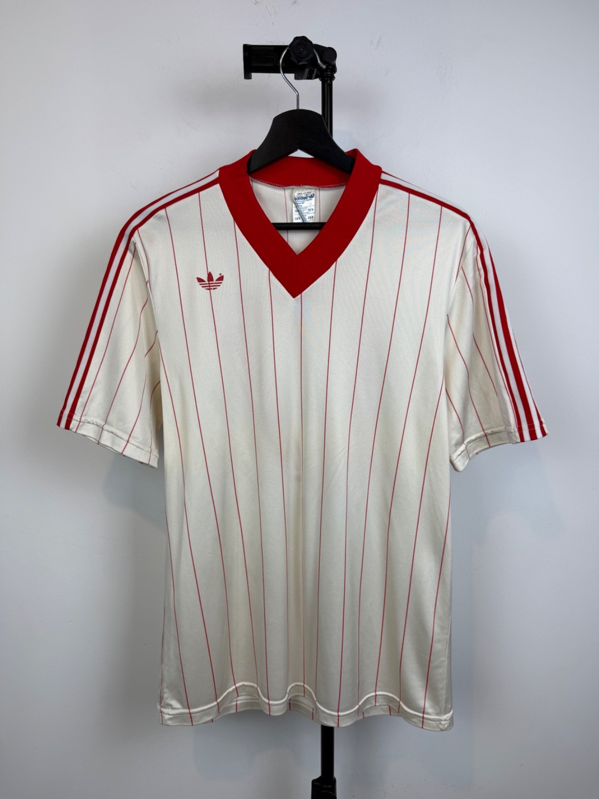 RARE Adidas Originals Trefoil Pinstripe Football Jersey #17 Cream Red V-Neck 70s