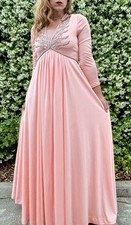 Vintage 1970s Jack Bryan Pink Jersey Knit Long Formal Flowy Beaded Gown Sz 6