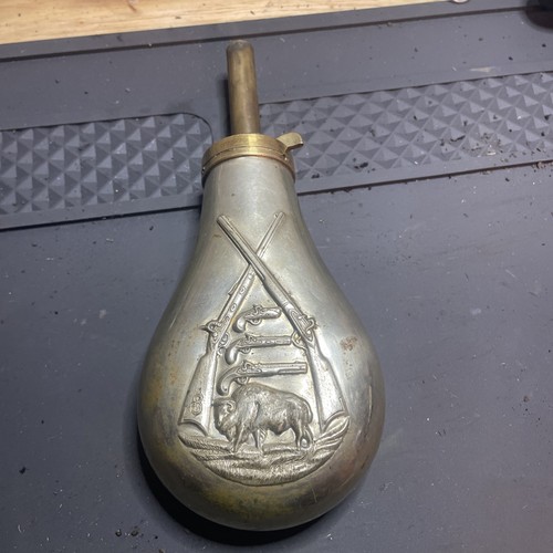 Copper & Brass Gun Powder Flask with scene of US Wild West Era Muskets Bison CVA
