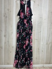 EXPRESS Floral Plunge Side Cut Out Maxi Halter Dress L Party