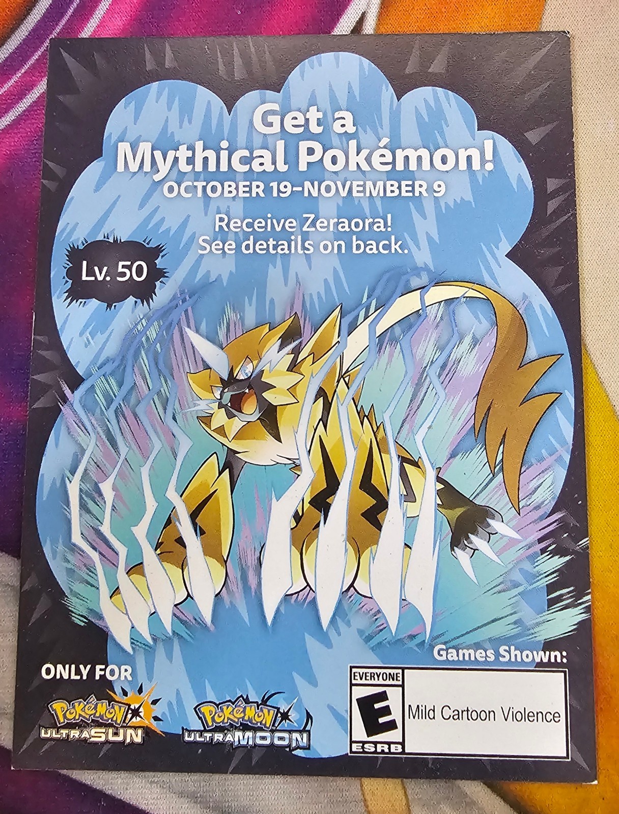 Zeraora Pokemon 3DS UltraSun / UltraMoon Promotional Card - Used/Expired