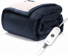 Royal Mink Sherpa Admiral Blue Heated Personal Throw / Blanket, Cozy-Warm, Adjus