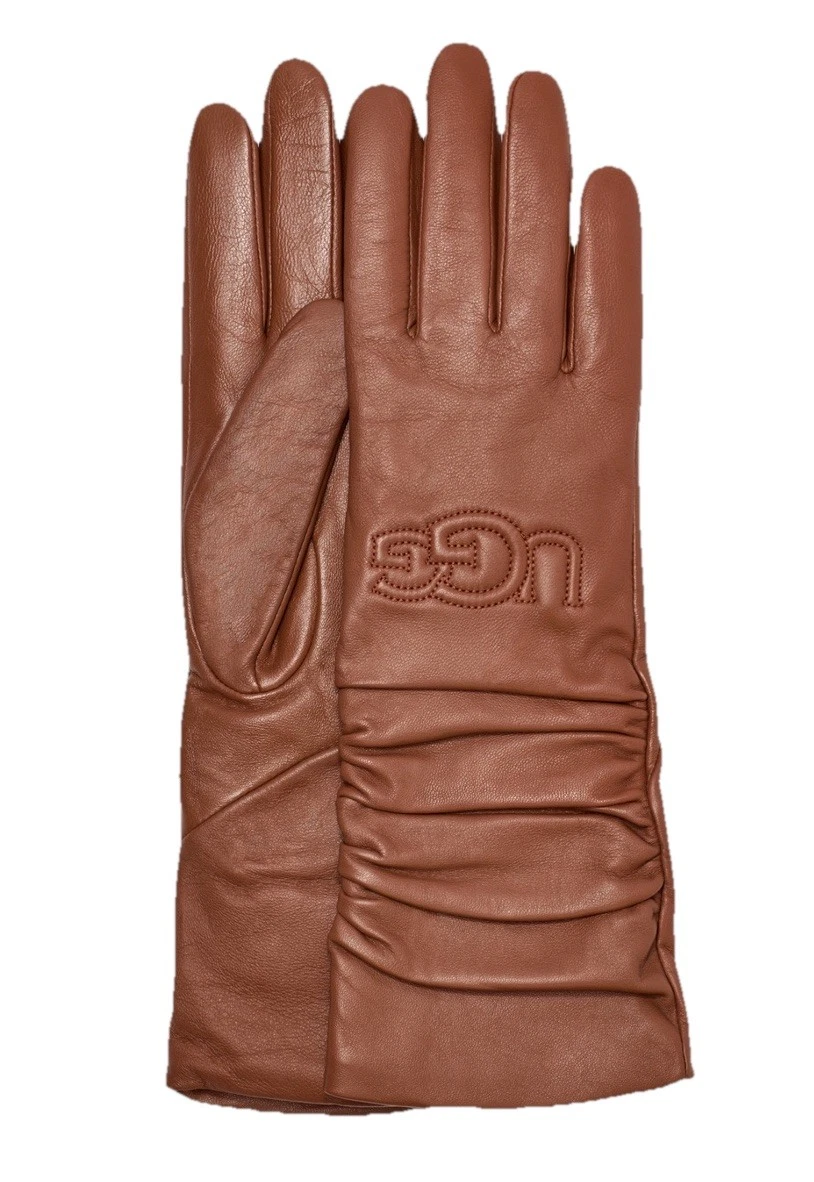 UGG Women’s Leather Scrunched Logo Chestnut Gloves Touch Screen Compatible Sz M
