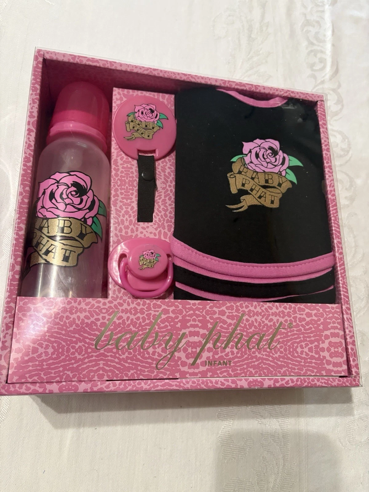 BABY PHAT INFANT GIFT SET BOTTLE 3 BIBS PACIFIER AND CLIP