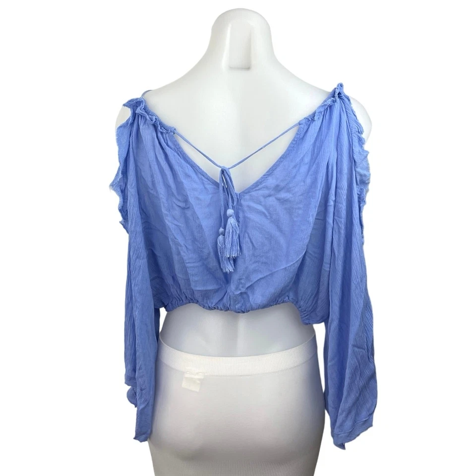 Blusa corta boho manga campana hombro frío con volantes azul semilla mostaza talla S Foto 2 de 4