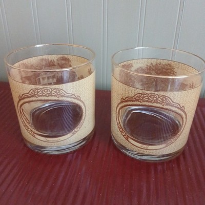 Courier & Ives Rocks Glasses Summer Fall Homestead Gold Rims Old Homes Set Of 2