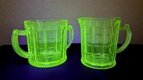 Vintage Hazel Atlas Colonial Block Green Uranium Glass Creamer & Open Sugar Bowl