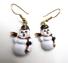 Vintage cute snowman enamel dangle drop hanging Christmas earrings