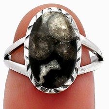 Natural Black Flower Fossil Coral 925 Sterling Silver Ring s.6.5 Jewelry R-1074