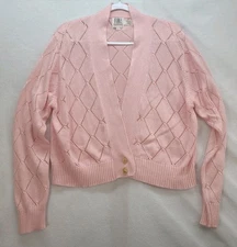 Fia Italia Handloomed Vtg Pink Diamond Knit Open Front Cardigan Sweater Coquette