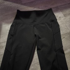Black Solid Women's Leggings Regular Size Pockets High Waist Knit Stretch