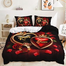 Red Rose Duvet Cover Set Queen Size,Romantic Hearts Love King and Queen Crown...