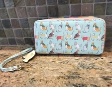 Wallet Large Zip Closure Cats On Party Hats Blue Removable Wrislet New 