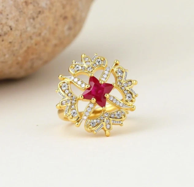 Dainty Ruby with Moissanite Ring 18k Gold Plated Unique Design Christmas Gift - Image 2 of 4