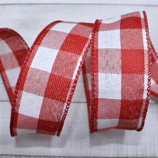 Red White Plaid Farmhouse Large Checked Wired Ribbon 1.5"W x 5 Yards