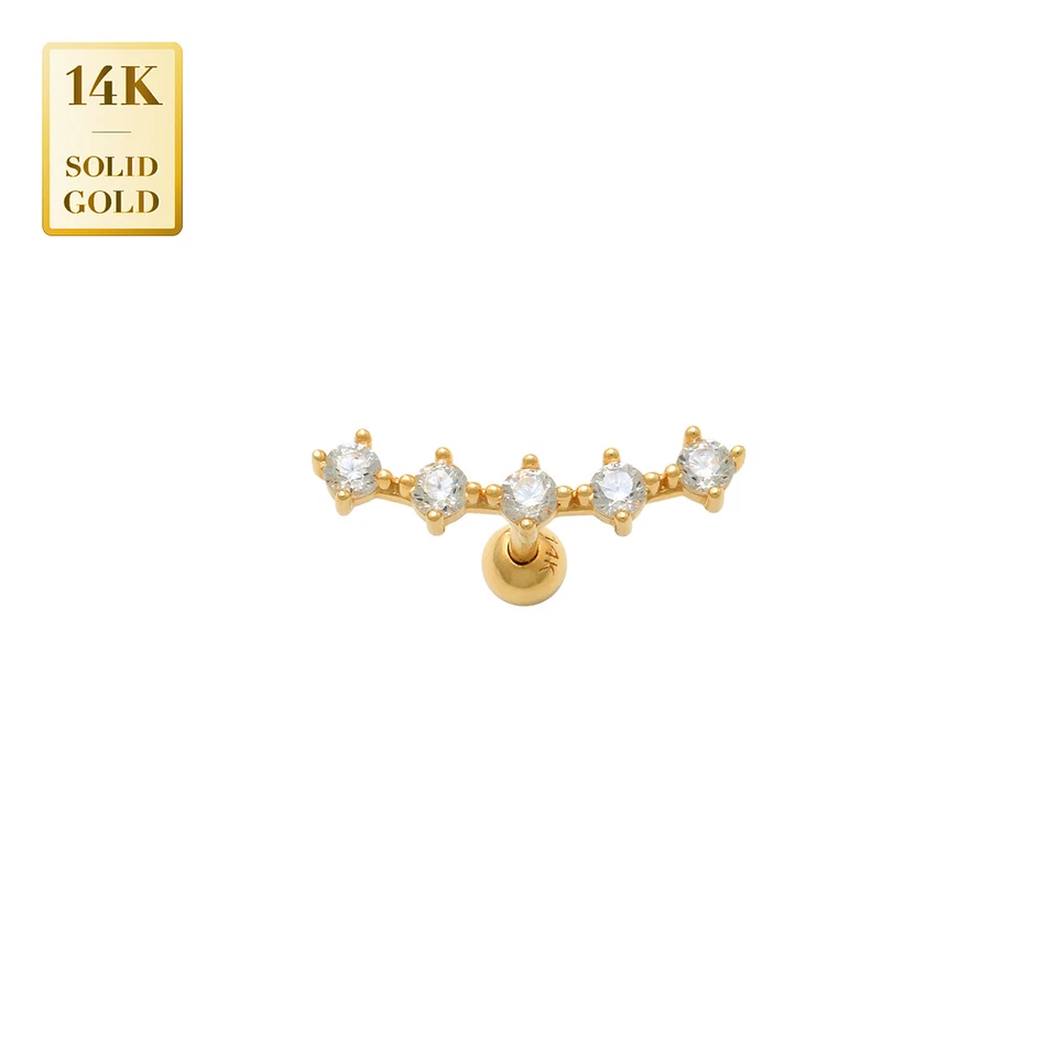 Pendiente de cartílago hélice escalador circonita cúbica de cinco piedras oro macizo real de 14K 18G Foto 3 de 4