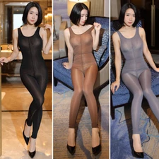 Women's U Neck Shiny Bodysuit Camisole Sleeveless Jumpsuit Zipper Open Crotch