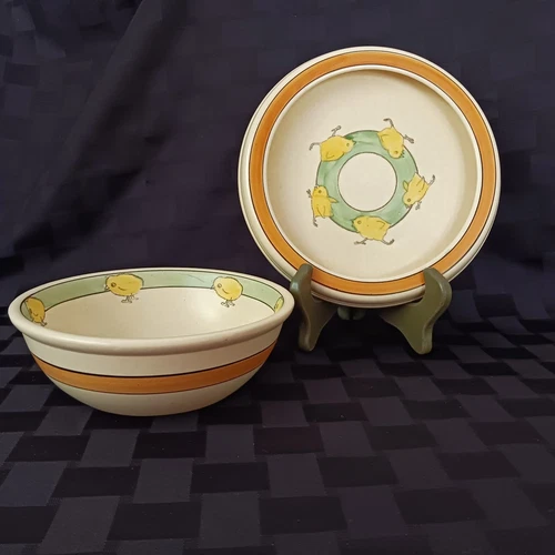 Antique Roseville Pottery Juvenile Yellow Chicks Rimmed Plate/Large Bowl Set EUC