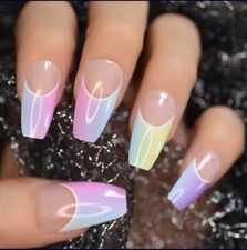 24 Medium Press on nails kit w glue rainbow ombre french clear