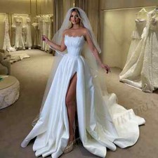 Side High Slit Wedding Dresses Satin Pleat A-line Flower Appliques Strapless