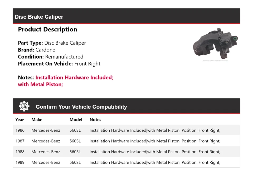 Pinza de freno de disco delantera derecha cardone 1987 para Mercedes-Benz 560SL 1986-1989 Foto 2 de 4