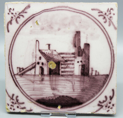 Antike Delfter Fliese Wandfliese Landschaft Gebäude um 1800