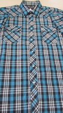 Mens XL Blue Black Plaid Western Style Short Sleeve Snap Front Shirt By Wrangler