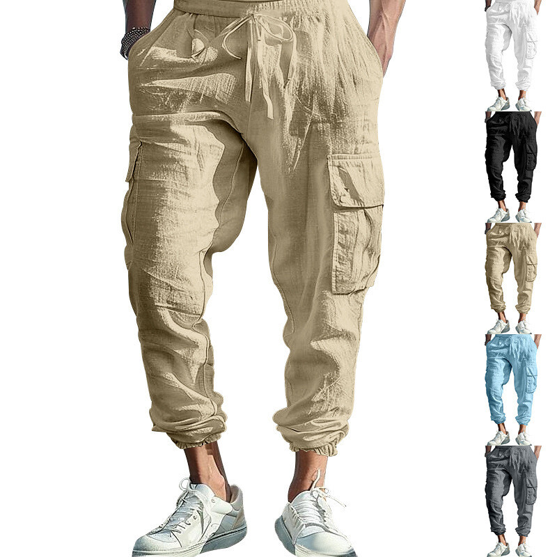 Cotton Linen Men's Casual Pants Drawstring Multi-pocket Solid Color Cargo Pants