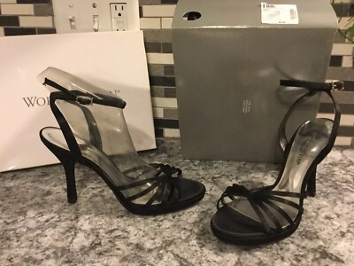 NIB Women s Worthington Alba Fancy Black Satin Ankle Strappy High Heel Shoes 8
