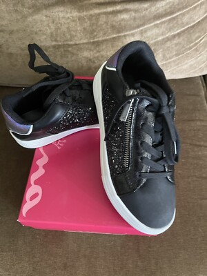 Nina Girls Joss Sneakers Black Chunky Glam Lace Up Low Top Side Zipper 3M NIB