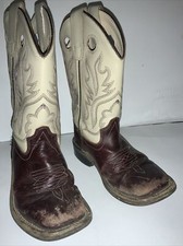 Used Old West Kids White Tan Brown Square Toe Boot BSC1855 Child Kid 13