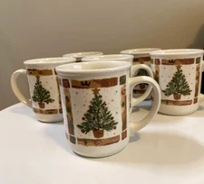 PIER 1 Set of Six (6) NATURAL CHRISTMAS TREE Coffee Mugs 3 3/4" Made in Britain