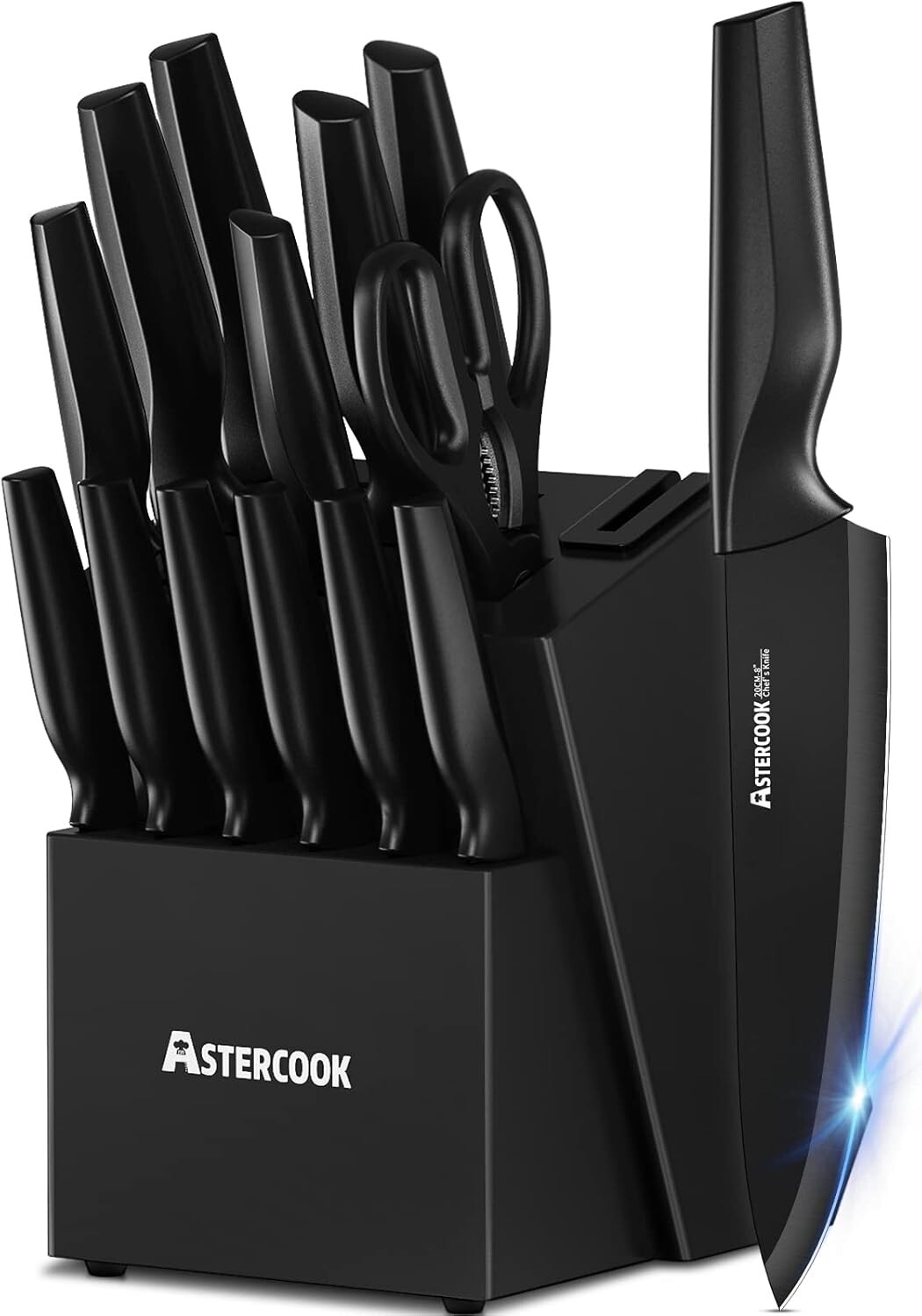 Essential Black Kitchen Knife Set - 15 Pieces with Ergonomic Handles & Sharpener
