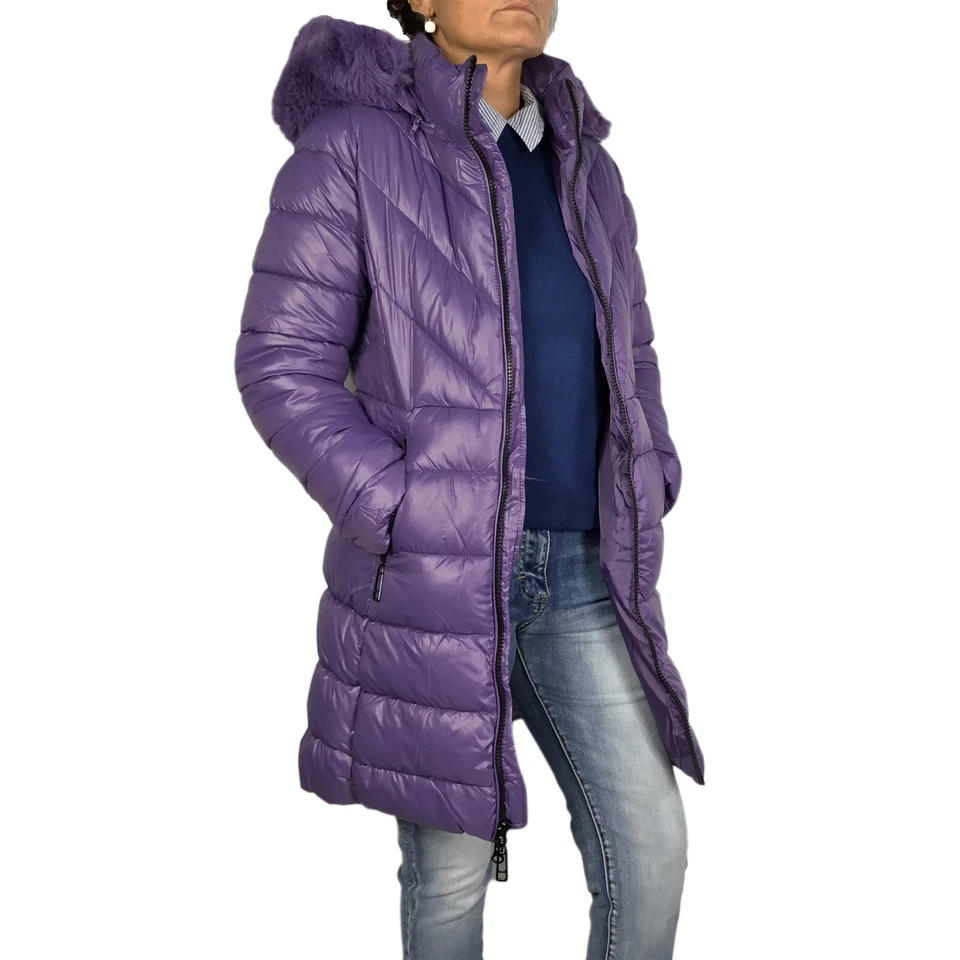 Piumino Donna Lungo Invernale Giubbotto Imbottito Con Cappuccio Pelliccia VEQUE