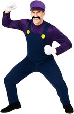 Adult Super Mario Brothers Waluigi Costume Men`s Purple Plumber + Hat Mustache