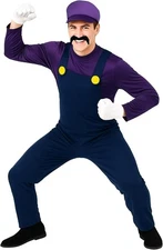 Adult Super Mario Brothers Waluigi Costume Men`s Purple Plumber + Hat Mustache