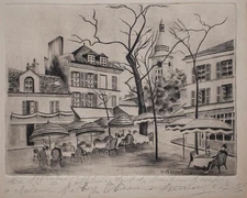 Street Scene People In Cafe France? P. Vermorel Signed Etching