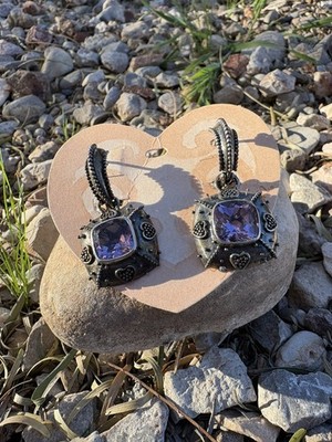 Brighton Sterling Silver 925 Bali Java Amethyst Hinged Gemstone Hoop Earrings