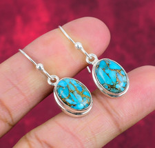 Blue Copper Turquoise Gemstone Handmade 925 Sterling Silver Earrings Jewelry