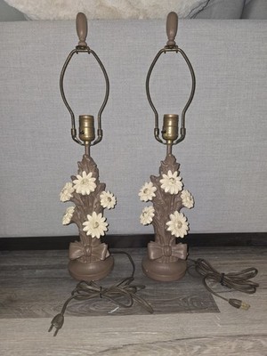 Set Of Two Rare Vintage Chapman Floral Lamps Brown And Cream White Working